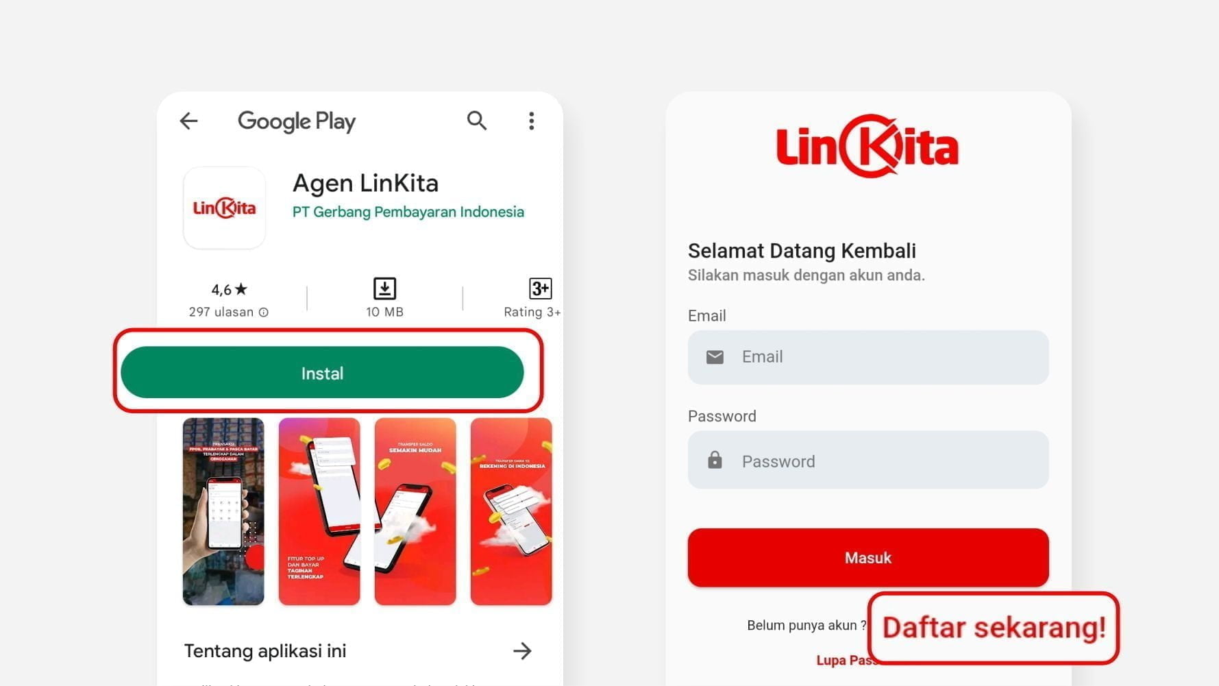 instal dan daftar